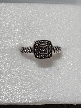 Sterling Silver Square with Marcasites Black Enamel Ring New Size 8 1/2